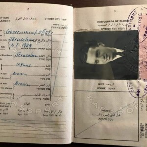 Open vintage passport with photo and stamps